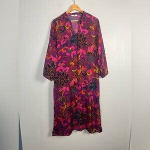 Natori Matte Satin Caftan in plum multi size XL Front Zip